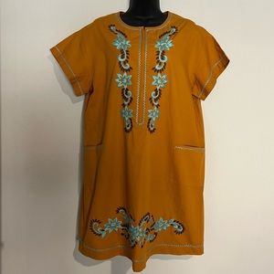 Sister Mary Mustard Yellow Peasant Dress with Floral Embroidery M